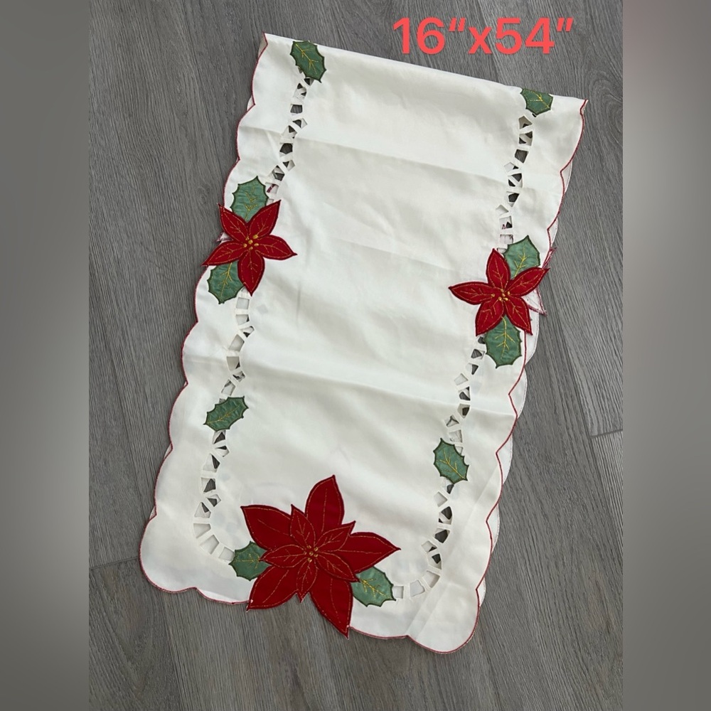 Embroidered Table Runner with Red Poinsettias